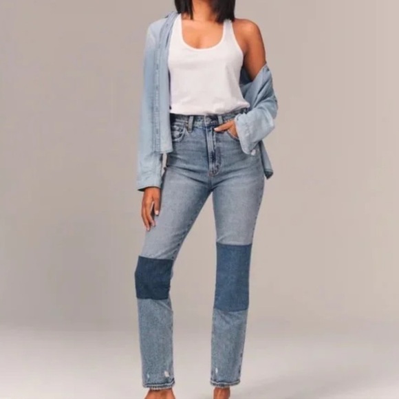 Abercrombie & Fitch Patchwork Ultra High Rise The Ankle Straight Jean - Picture 1 of 11